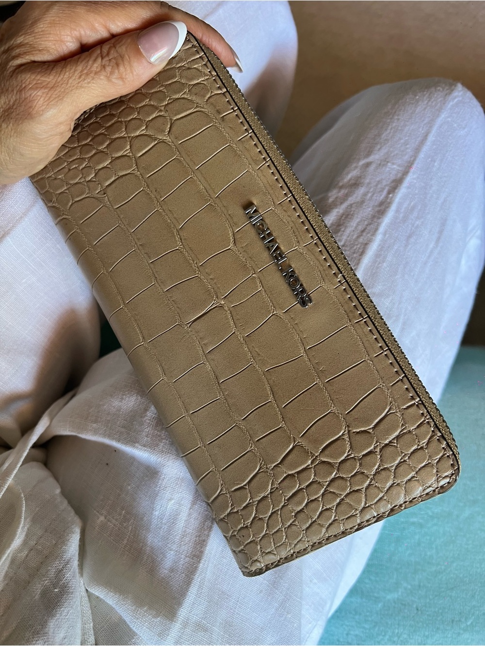 Michael Kors Croc-Embossed Zip Wallet in Taupe